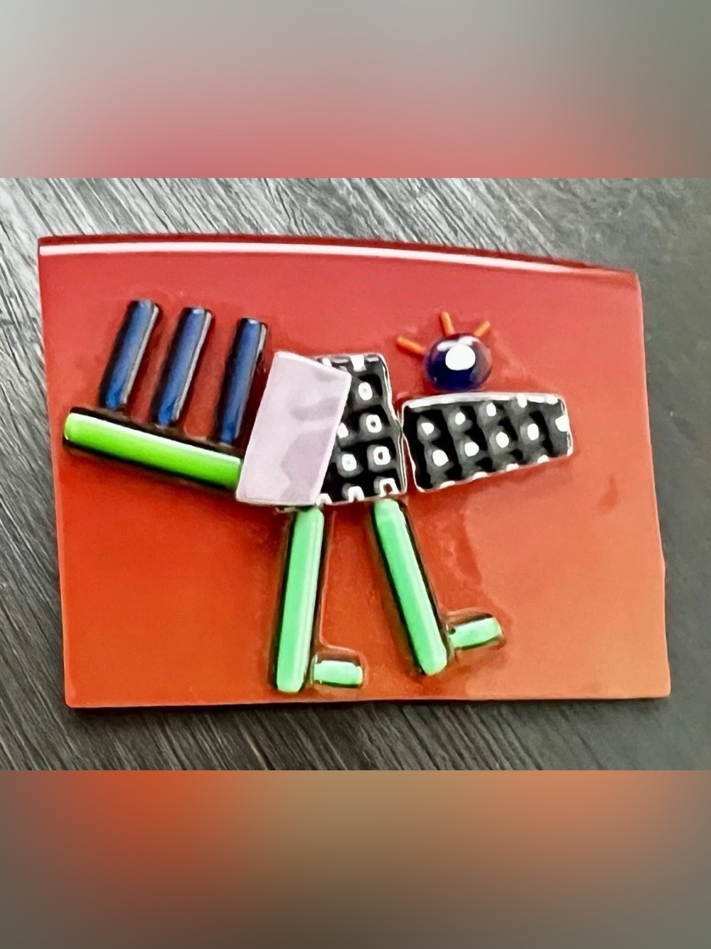Abstract Dog Brooch Pin Fused Art Glass Artisan Orange Black Kitschy